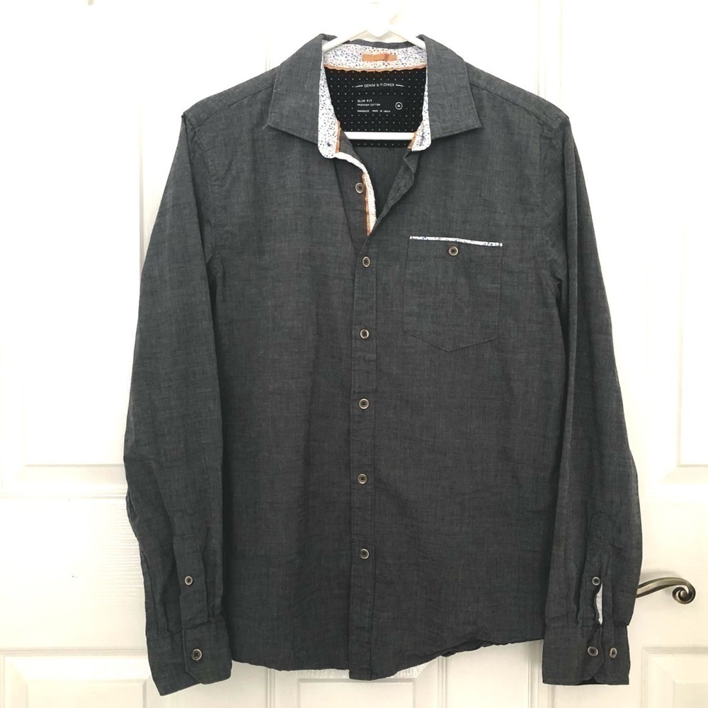 DENIM & Flower Men’s Premium Cotton Button Down Shirt Gray Slim Fit Medium